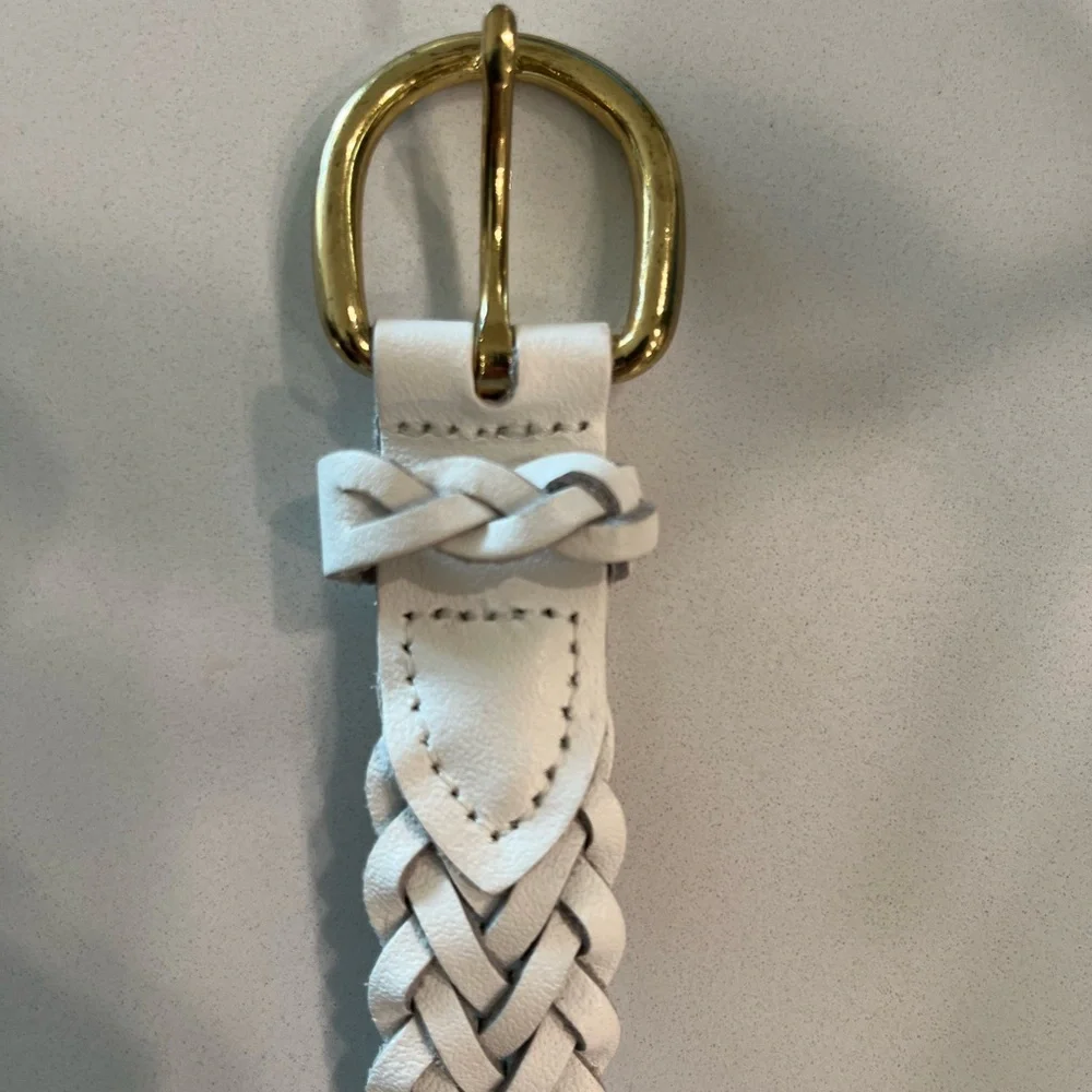 Vintage White Braided Leather Belt Gold Buckle | Women’s Small - Picture 2 of 5